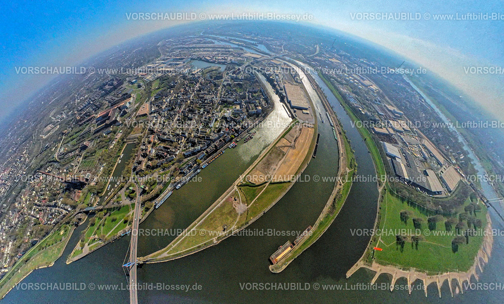 Duisburg250490038DuisportRuhrort | Luftbild, duisport Hafen Duisburg, Ortsteil Ruhrort, Vinckekanal Speditionsinsel und Mercatorinsel, Rhein-Herne-Kanal, Fluss Ruhr Ruhrmündung und Fluss Rhein mit Friedrich-Ebert-Brücke, rechts Gewerbegebiet Kaßlerfeld, Erdkugel, Fisheye Aufnahme, Fischaugen Aufnahme, 360 Grad Aufnahme, tiny world, little planet, fisheye Bild, Ruhrort, Duisburg, Ruhrgebiet, Nordrhein-Westfalen, Deutschland