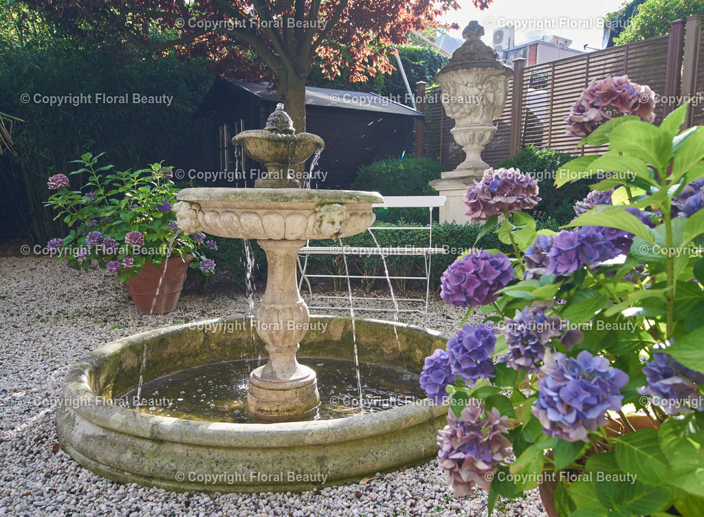 Mediterraner Stadtgarten | antiker Brunnen mit Hortensien - Realisiert mit Pictrs.com