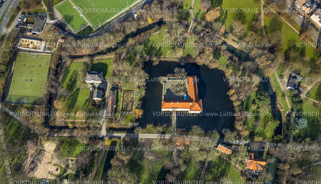 Herne230211946 | Luftbild, Wasserschloss Schloss Strünkede, Stadion am Schloss Strünkede, Baukau, Herne, Ruhrgebiet, Nordrhein-Westfalen, Deutschland