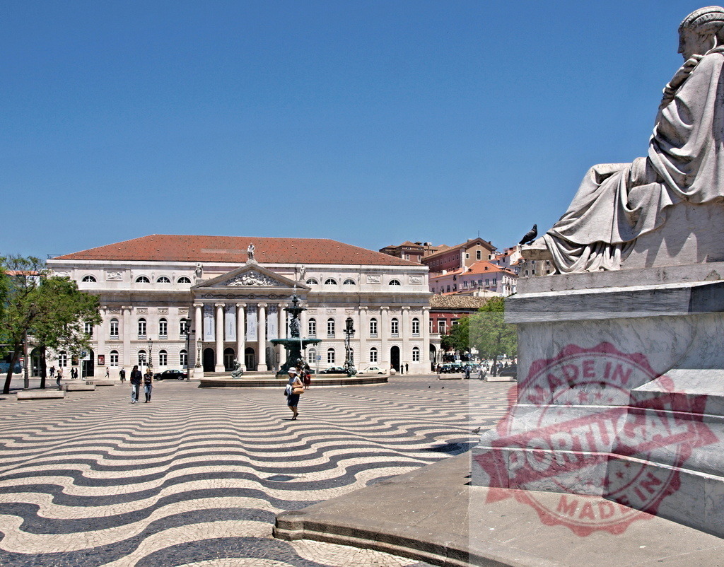 Rossio square, D. Maria II National Theatre, Lisbon, Portugal | Rossio square featuring D. Maria II National Theatre with wavy mosaic pavement under clear sky - Realized with Pictrs.com