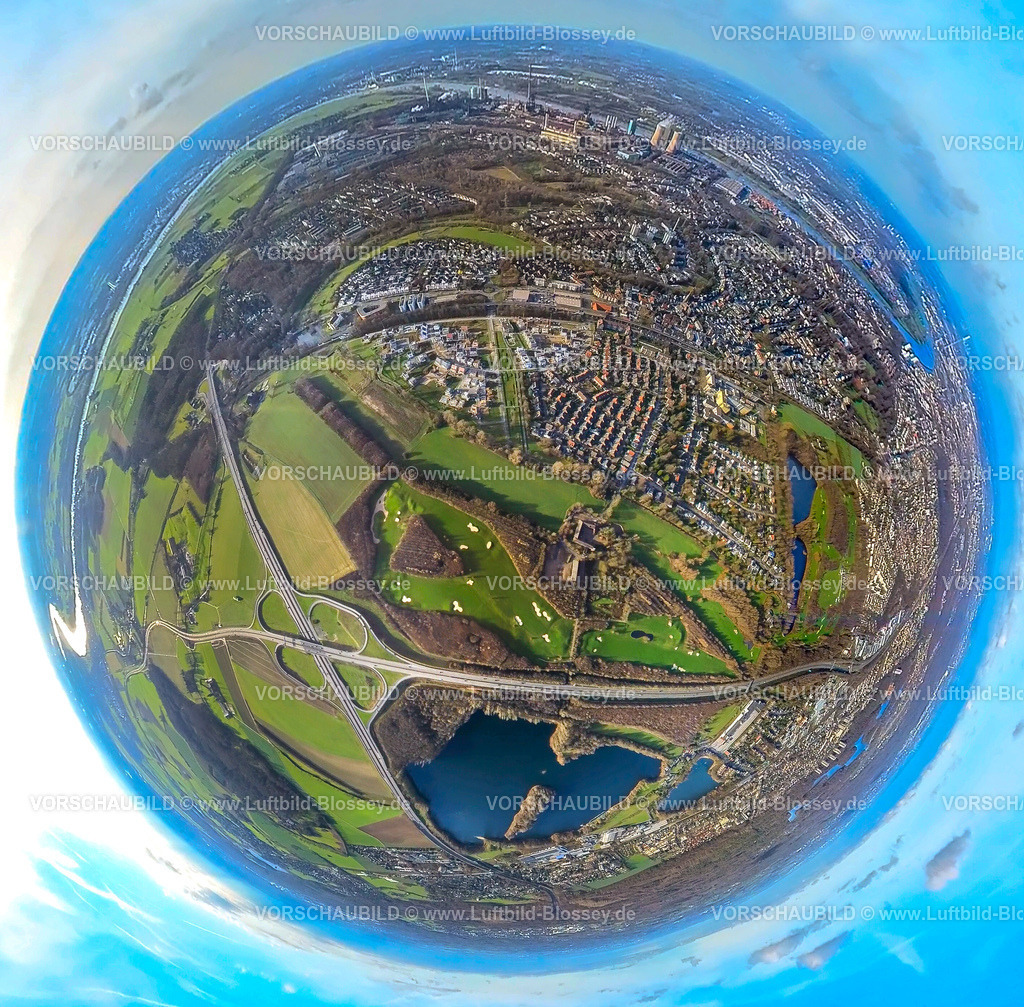 Duisburg2301fish0009AngerbogenGolfclub-2 | Luftbild, Golfplatz Golf und More Huckingen GmbH, Angerbogen Wohnsiedlung, Rahmer See, Fisheye Aufnahme, Fischaugen Aufnahme, 360 Grad Aufnahme, Huckingen, Duisburg, Ruhrgebiet, Nordrhein-Westfalen, Deutschland