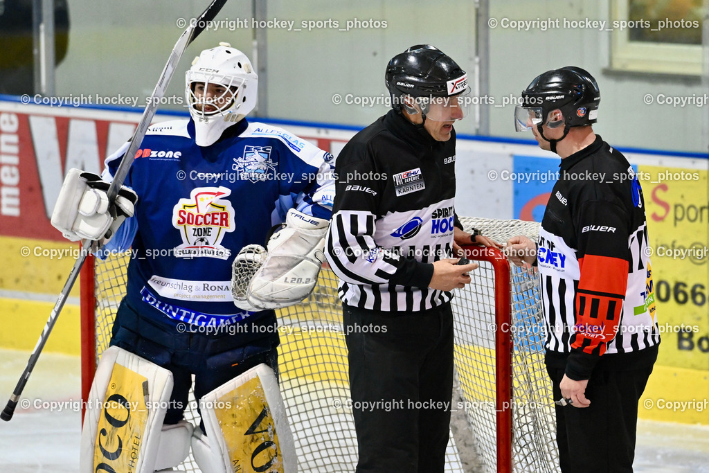 ESC Steindorf vs. EC Hornets Spittal 25.2.2024 | #31 Steiner Paul ESC Steindorf, UNTERKÖFLER Norbert Referee, Altersberger Roland Referee,ESC Steindorf vs. EC Hornets Spittal 25.2.2024, ESC Steindorf vs. EC Hornets Spittal 25.2.2024 am 25.02.2024 in Steindorf (Ossiachersee Halle), Austria, (Photo by Bernd Stefan)