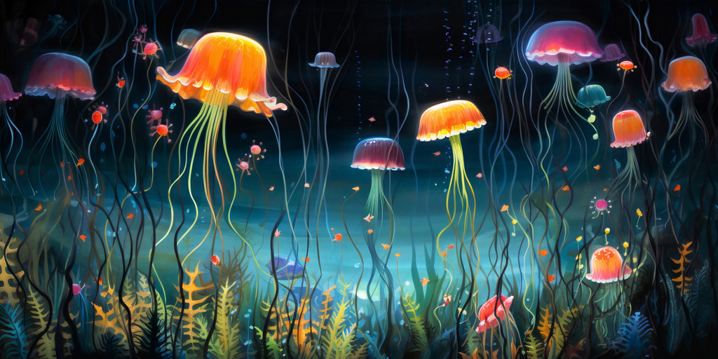 2307080 - Tanzende Quallen | Wunderschöne stimmungsvolle Unterwasserwelt.
Bestellen Sie diesen hochwertigen Kunstdruck als Wandbild oder Poster.