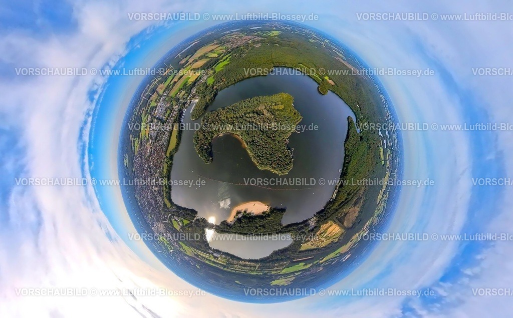 Haltern230990252HalternerStausee | Luftbild, Halterner Stausee mit Seebad, Insel Overrath im See, Südbecken, Erdkugel, Fisheye Aufnahme, Fischaugen Aufnahme, 360 Grad Aufnahme, tiny world, Haltern-Stadt, Haltern am See, Ruhrgebiet, Münsterland, Nordrhein-Westfalen, Deutschland