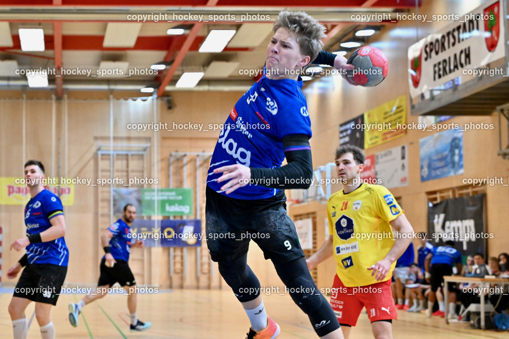 SC Ferlach vs. FÖRTHOF UHK KREMS | #9 SAGER Nico SC Ferlach, #28 Munzinger Luca UHK KREMS, SC Ferlach vs. FÖRTHOF UHK KREMS, SC Ferlach vs. FÖRTHOF UHK KREMS am 08.02.2025 in Ferlach (Ballspielhalle Ferlach), Austria, (Photo by Bernd Stefan)