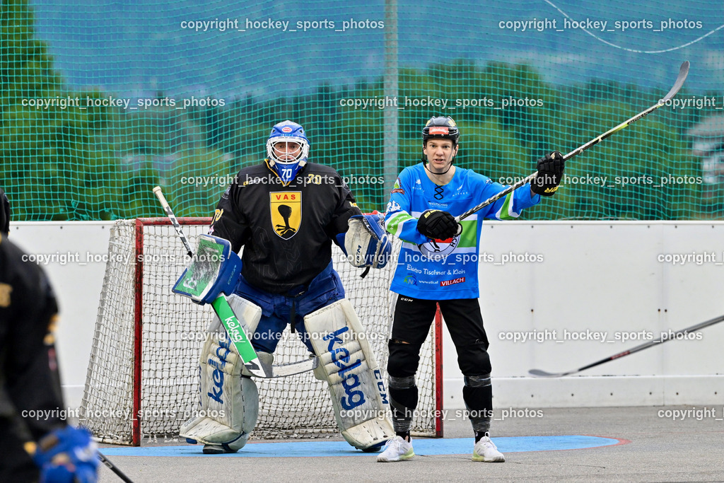 ASKÖ Hockey Villach vs. VAS Ballhockey  | #70 Moser Lukas VAS Villach, #98 MAXA Alexander ASKÖ Villach Hockey, ASKÖ Hockey Villach vs. VAS Ballhockey , ASKÖ Hockey Villach vs. VAS Ballhockey  am 06.07.2025 in Villach (Alpen Arena ), Austria, (Photo by Bernd Stefan)