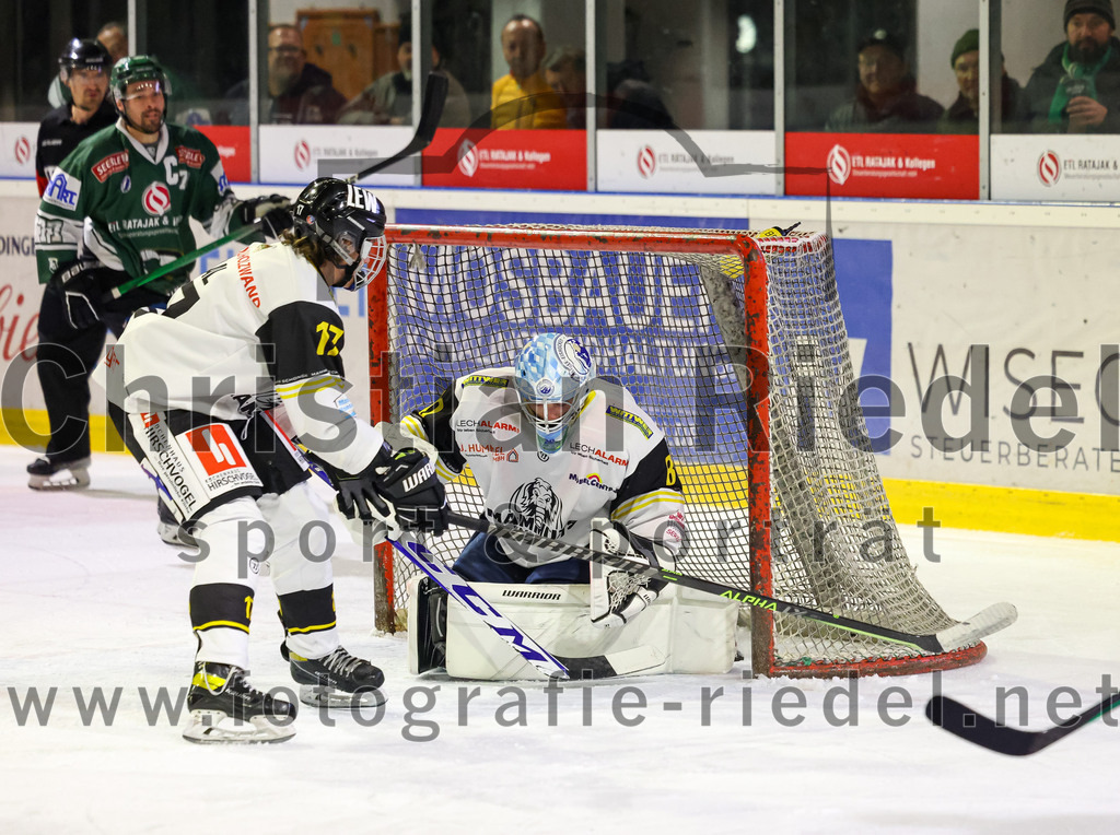 2023-11-17_084_TSV_Erding_gegen_EA_Schongau | Erding, Deutschland, 17.11.2023:
Eishockey, Bayernliga Vorrunde 2023 / 2024, 10. Spieltag, TSV Erding gegen EA Schongau, Endergebnis: 12:4

Stefan Saal (EA Schongau, #17), Torwart Xaver Nagel (EA Schongau, #80)

Foto: Christian Riedel / fotografie-riedel.net