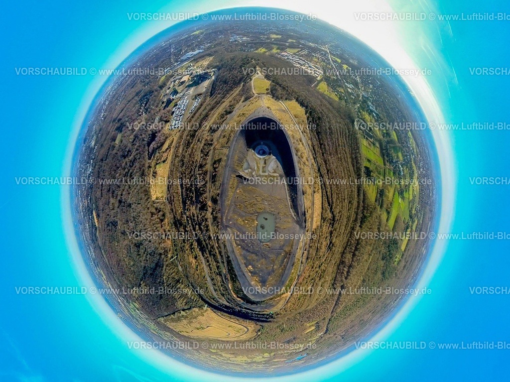 Bottrop240190207HaldeHaniel_Prosper_BergArena | Luftbild, Halde Haniel mit Stelen, Totems Skulpturen von AgustÃ­n Ibarrola, BergArena Amphitheater, Waldgebiet, Erdkugel, Fisheye Aufnahme, Fischaugen Aufnahme, 360 Grad Aufnahme, tiny world, little planet, fisheye Bild, Fuhlenbrock, Bottrop, Ruhrgebiet, Nordrhein-Westfalen, Deutschland