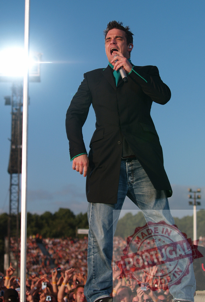 Robbie Williams singing during a live concert at a stadium | Robbie Williams performing live, holding a microphone and singing in front of a large audience - Realized with Pictrs.com