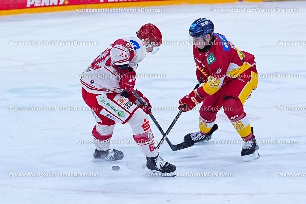 xYDRx19102501026 | 19.10.2025, xydrx, Eishockey, DEL2, Düsseldorfer EG - EV Landshut, PSD Bank Dome Düsseldorf: Tor Immo (EV Landshut #62) im Zweikampf gegen Max Balinson (Düsseldorfer EG #58)