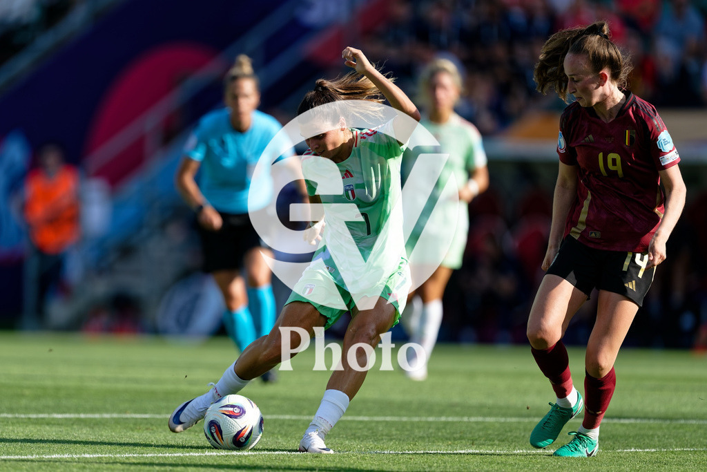 Belgium v Italy - UEFA Women's EURO 2025 Group B | SION, SWITZERLAND - JULY 3: Sofia Cantore of Italy (L) shoots for goal  during the UEFA Womens EURO 2025 Group B match between Belgium and Italy at Stade de Tourbillon on July 3, 2025 in Sion, Switzerland. (Photo by Giuseppe Velletri/Sports Press Photo/Getty Images)
