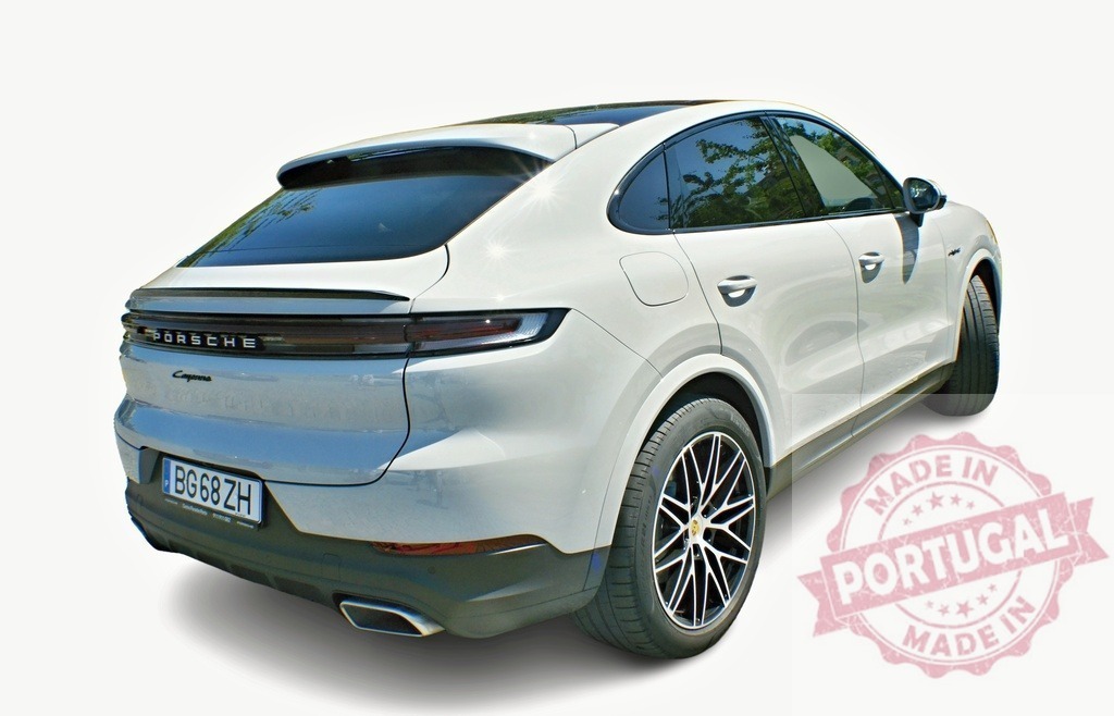 Porsche Cayenne Coupé is parked, showing its rear and side | White Porsche Cayenne Coupé parked, showing its back and left side, isolated on white - Realized with Pictrs.com