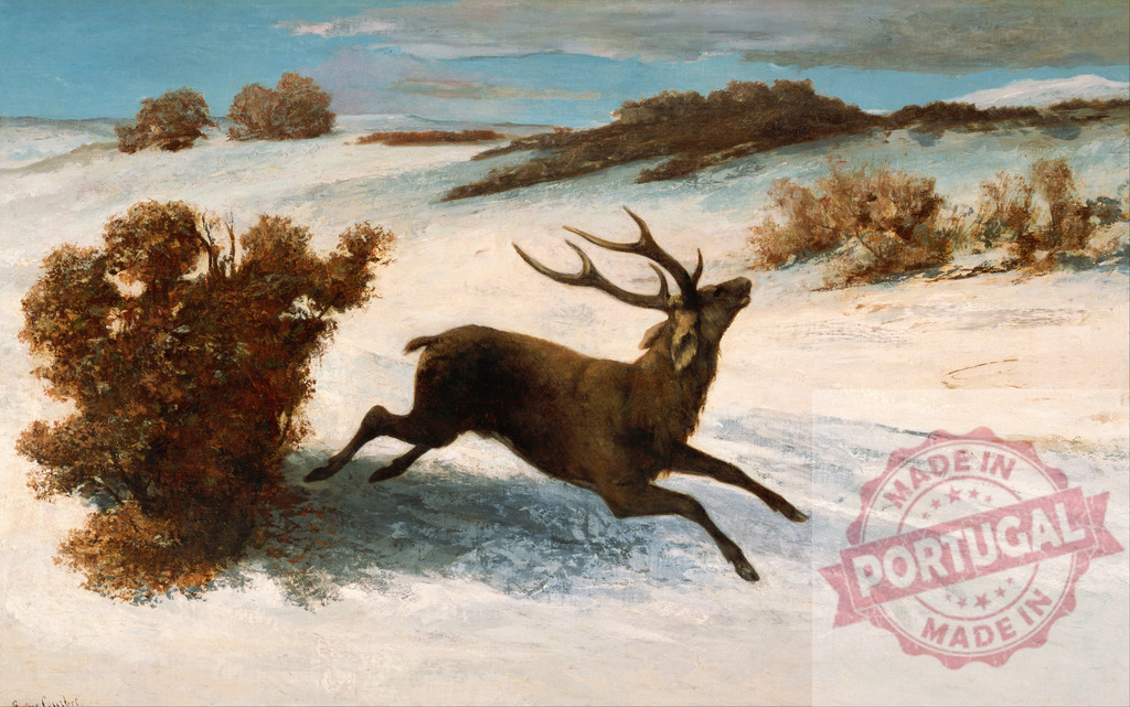 Gustave Courbet Red deer stag running through snow in winter | Red deer stag vigorously running in a snowy winter landscape, escaping or hunting - Realized with Pictrs.com