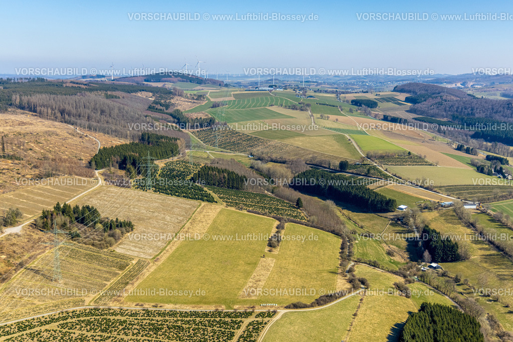 HB-Bestwig220303095 | Luftbild, Wiesen und Felder mit Windräder am Horizont bei Nuttlar, Bestwig, Sauerland, Nordrhein-Westfalen, Deutschland