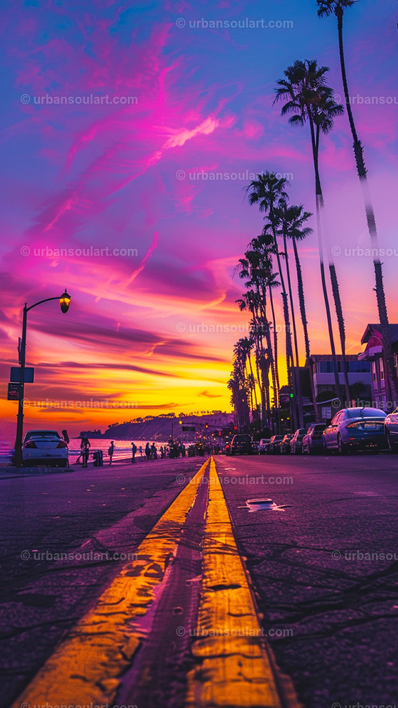 California Sunset Over City Road Next To The Beach | A radiant California sunset over a city road by the beach, with glowing skies and palm trees. Ideal for adding a tranquil, scenic vibe to your decor with a touch of urban warmth. - Realisiert mit Pictrs.com