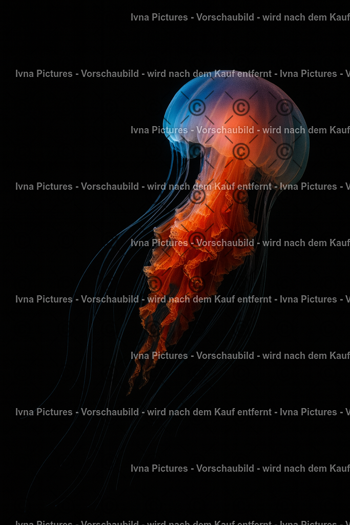 Bunte Qualle im Schatten“ | Eine farbenprächtige Qualle schwebt vollständig vor schwarzem Hintergrund. Ihr Unterkörper leuchtet in Korallentönen, während der Schirm in Blau, Lila und Koralle schimmert – ein faszinierendes Bild voller Anmut und Leichtigkeit. - Realisiert mit Pictrs.com