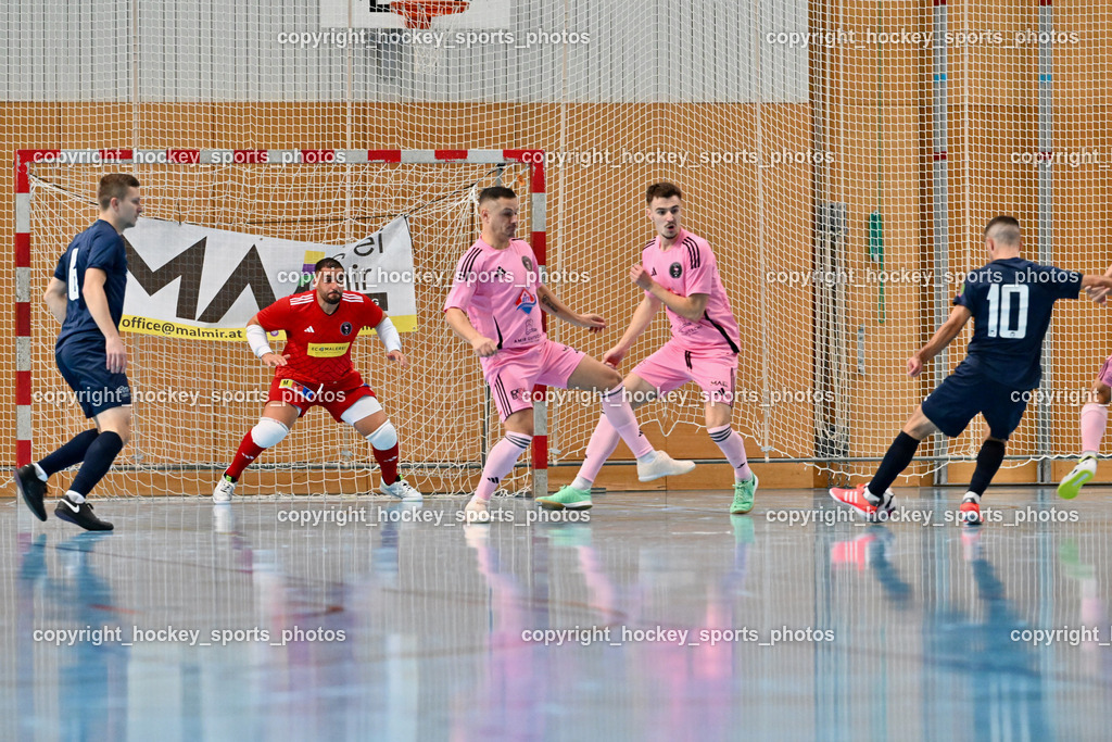 Carinthia Flamengo Futsal Club vs. LPSV-K | #6 Senad Huseinbasic LPSV-K, #1 Youssef Helal Carinthia Flamengo, #10 Nives Ducanovic Carinthia Flamengo, #2 Faris Buljubasic Carinthia Flamengo, #10 Samir Nuhanovic LPSV-K, Carinthia Flamengo Futsal Club vs. LPSV-K, Carinthia Flamengo Futsal Club vs. LPSV-K am 03.11.2024 in Klagenfurt (Ballspielhalle Viktring), Austria, (Photo by Bernd Stefan)