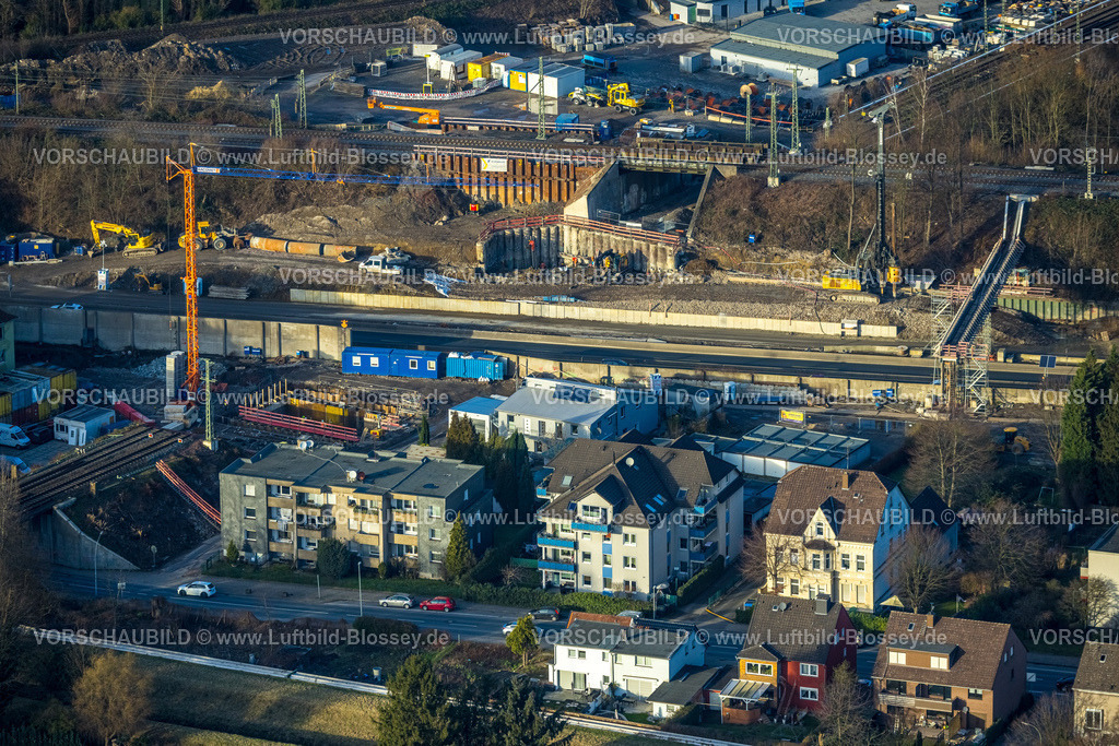 Herne240104260 | Luftbild, Baustelle Tunnelbau Unterführung Autobahn A42 und Bahnlinie, Cranger Straße, Baukau-West, Herne, Ruhrgebiet, Nordrhein-Westfalen, Deutschland