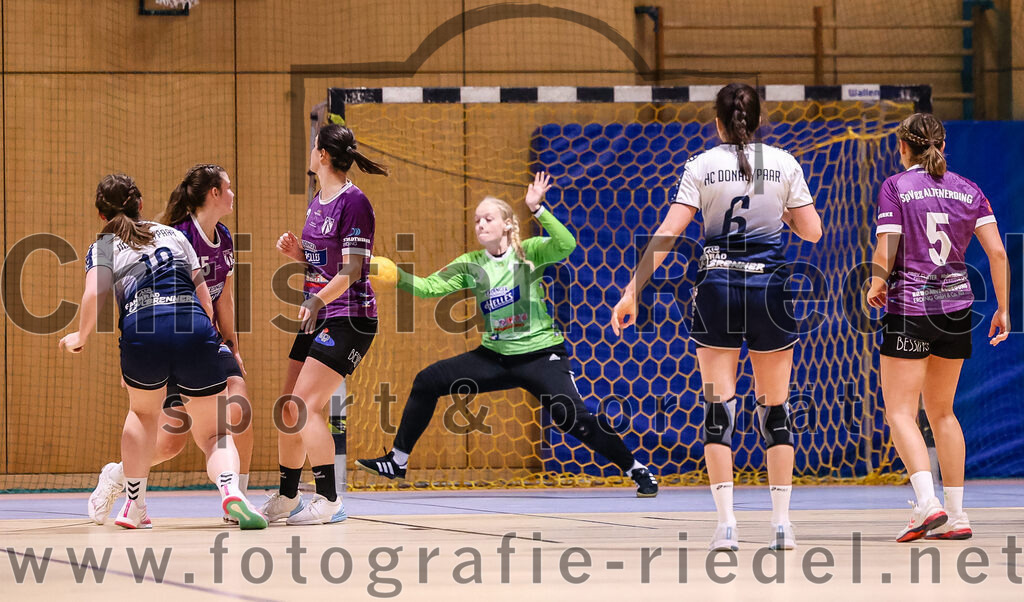 2024-11-24_130_SpVgg_Altenerding_gegen_HC_Donau-Paar_II | Erding, Deutschland, 24.11.2024:Handball, Bezirksoberliga Frauen Altbayern 2024 / 2024, 6. Spieltag, SpVgg Altenerding gegen HC Donau/Paar II, Endergebnis: 24:24Stephanie Lerailler (HC Donau/Paar, #10), Verena Kaiser (SpVgg Altenerding, #55), Janina Konrad (SpVgg Altenerding, #2), Torfrau Hanna Obermair (SpVgg Altenerding, #1), Svenja Sandgruber (HC Donau/Paar, #6), Lena Prem (SpVgg Altenerding, #5)Foto: Christian Riedel / fotografie-riedel.net