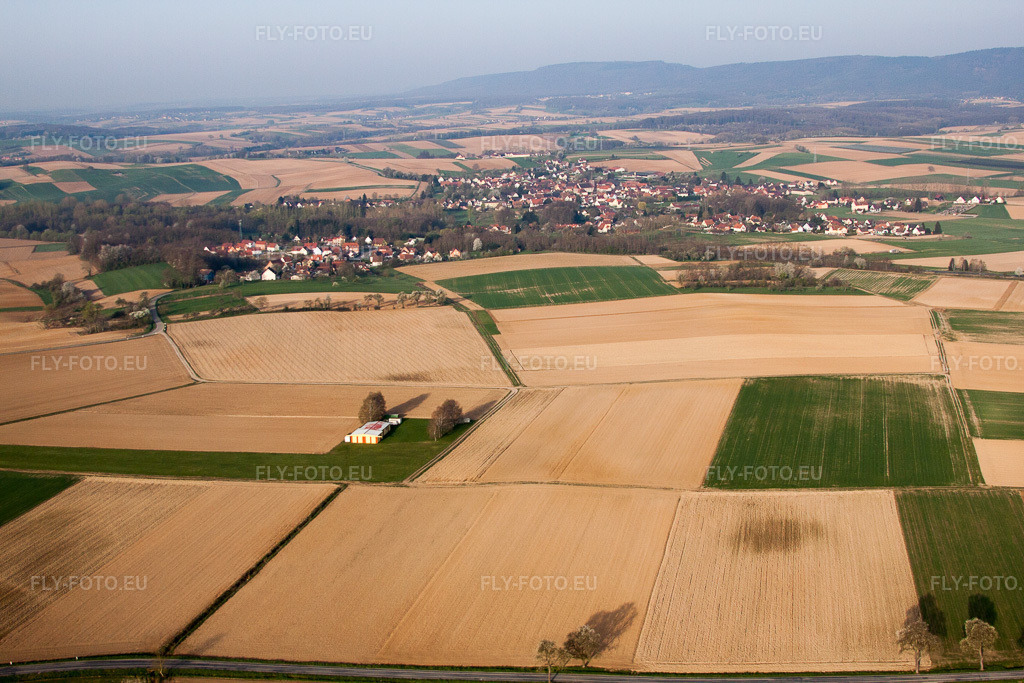 Vue aérienne: Vue de la ville à Riedseltz dans le département Bas Rhin, France – .Photo: IMG_63641.jpg prise le 30/03/2014 par Werner Riehm/FLY-FOTO.eu – Résolution de l'original: 4752 x 3168 px