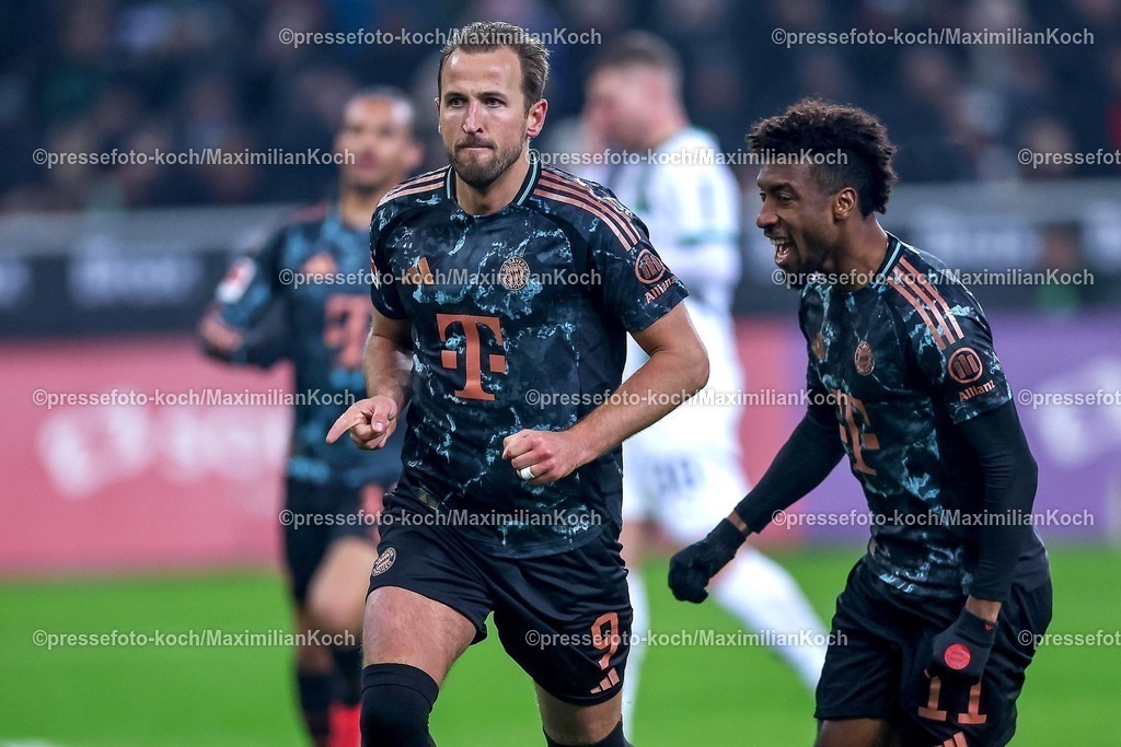 BMG11012502233 | 11.01.2025, Fußball, Borussia Mönchengladbach - FC Bayern München, 1. Fußball Bundesliga, Borussia-Park, Saison 2024 2025: Torjubel nach dem Tor zum 1:0 durch Harry Kane (Bayern #9)DFB regulations prohibit any use of photographs as image sequences and or quasi-video.