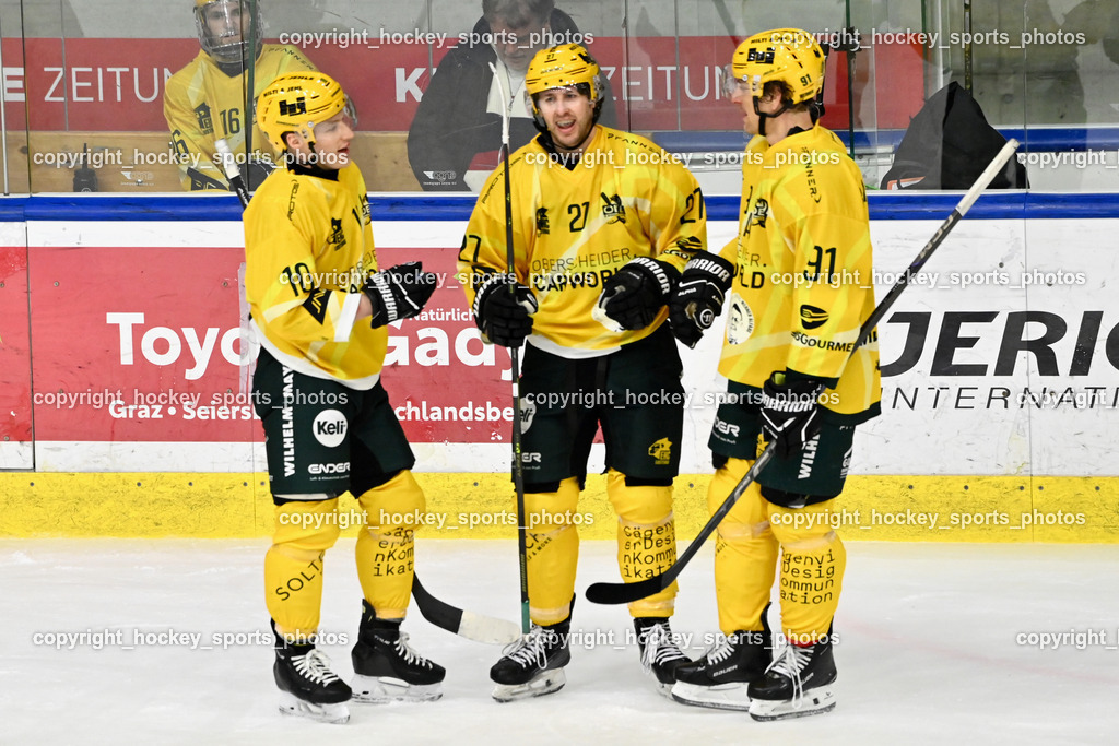 ATSE Graz vs. EHC Lustenau | #91 Grabher Meier Martin EHC Lustenau, Jubel EHC Lustenau, #27 D’Alvise Christopher EHC Lustenau, #10 Kutzer Jonas EHC Lustenau, ATSE Graz vs. EHC Lustenau, ATSE Graz vs. EHC Lustenau am 14.02.2026 in Graz (Merkur Eishalle ), Austria, (Photo by Bernd Stefan)