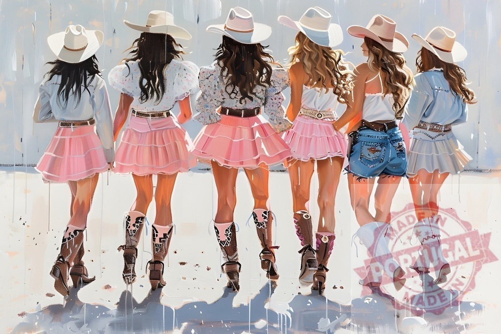 Six cowgirls walking together in cowboy hats and pink skirts | Cowgirls in western fashion celebrating friendship and fun in a vibrant painting - Realisiert mit Pictrs.com
