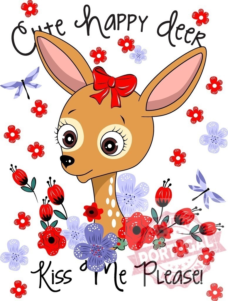 Cute happy deer wearing red bow surrounded by flowers | Cartoon baby fawn illustrating an adorable animal character with floral elements and text - Realisiert mit Pictrs.com
