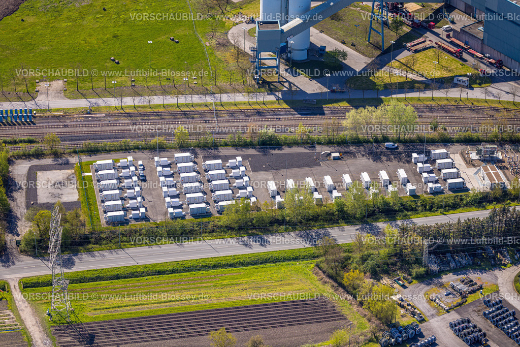 Hamm230400565 | Luftbild, Standakkus zum Stromspeichern, innovative Batteriespeicher am RWE Generation SE Kraftwerk Gersteinwerk, Stockum, Werne, Ruhrgebiet, Nordrhein-Westfalen, Deutschland