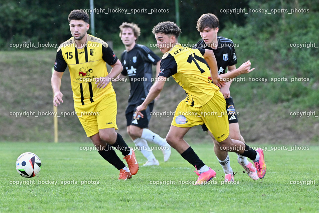 SV Arnoldstein vs. URC Thal Assling | #11 Mohamed Oumghar SV Arnoldstein, #15 Dardan Kameraj SV Arnoldstein, #13 Philipp Perfler Thal Assling, SV Arnoldstein vs. URC Thal Assling, SV Arnoldstein vs. URC Thal Assling am 09.08.2025 in Arnoldstein (Waldparkstadion Arnoldstein), Austria, (Photo by Bernd Stefan)