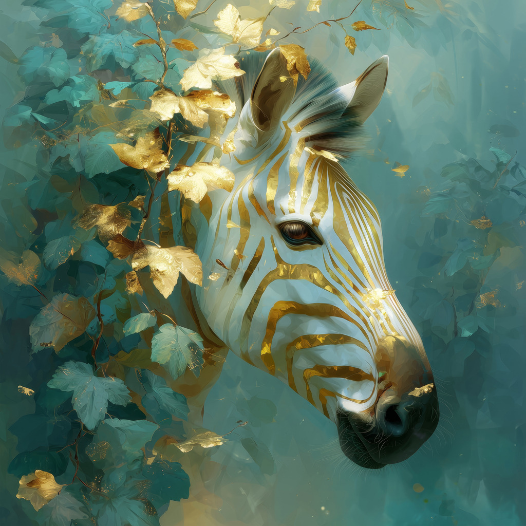 2506013 - Goldenes Zebra | Ein Zebra in einer verträumten floralen Umgebung aus Blättern und goldenen Akzenten. Bestelle dieses Motiv in Format und Material ganz nach deinem Geschmack – z. B. auf Leinwand, Acrylglas oder Alu-Dibond.