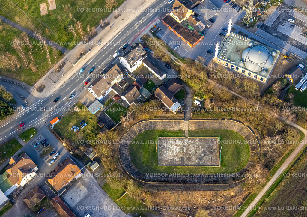 Hamm240305803 | Luftbild, altes Barbarastadion südlich der Dortmunder Straße, DitiB Ulu Camii Moschee, Stadtbezirk Herringen, Hamm, Ruhrgebiet, Nordrhein-Westfalen, Deutschland
