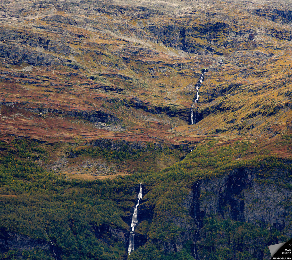Autumn Waters above Lustrafjord | On 17 September 2026, we hiked through Engjadalen above Lustrafjord, a branch of Sognefjord. After leaving the wet terrain of Flatningane behind and climbing to more than 900 metres, the view opened across Lustrafjord towards the mountains on the opposite side. There, the Sørheimselvi descends from the Hurrungane mountain range towards the fjord, its water travelling from around 1,300 metres through several distinct mountain zones. By mid-September, the vegetation was already turning into autumn colours, a quiet reminder that winter would soon return to these high Norwegian landscapes. - Realisiert mit Pictrs.com