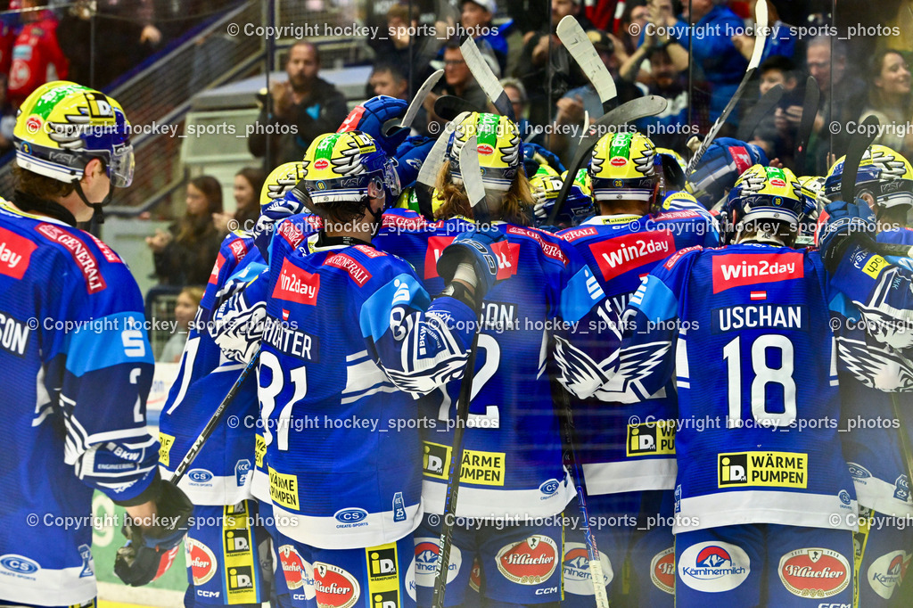 EC IDM Wärmepumpen VSV vs. EC KAC  | #18 Uschan Nico Massimo EC VSV, ##81 RICHTER Marco EC VSV, #12 Pearson Chase EC VSV, 8 Rebernig Maximilian EC VSV, #78 MAXA Felix EC VSV, #26 VAN NES Guus EC VSV, Jubel EC VSv Mannschaft, #40 WALLENTA Elias EC VSV, #77 LINDNER Philipp EC VSV, EC IDM Wärmepumpen VSV vs. EC KAC , EC IDM Wärmepumpen VSV vs. EC KAC  am 27.10.2024 in Villach (Stadthalle Villach), Austria, (Photo by Bernd Stefan)