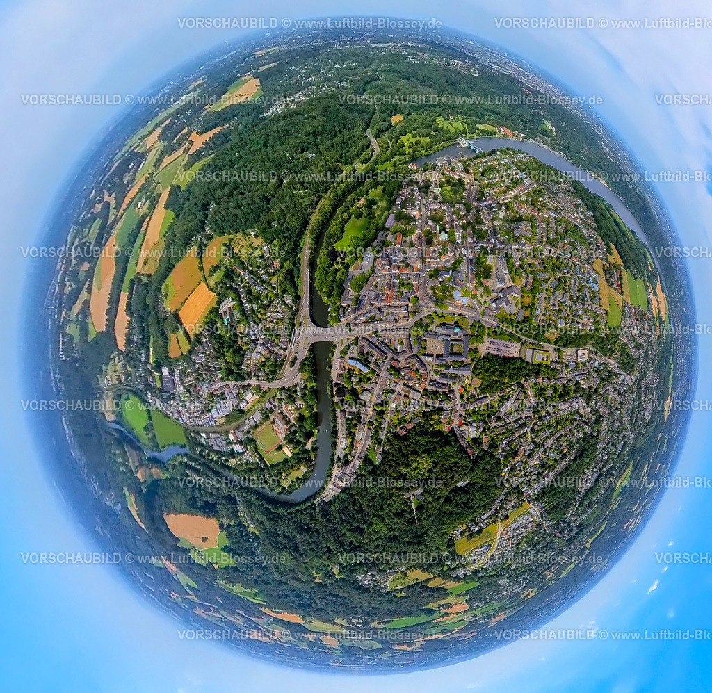 Essen230790241_Werden | Luftbild, Ortsansicht Ortsteil Werden, Erdkugel, Fisheye Aufnahme, Fischaugen Aufnahme, 360 Grad Aufnahme, tiny world, Werden, Essen, Ruhrgebiet, Nordrhein-Westfalen, Deutschland