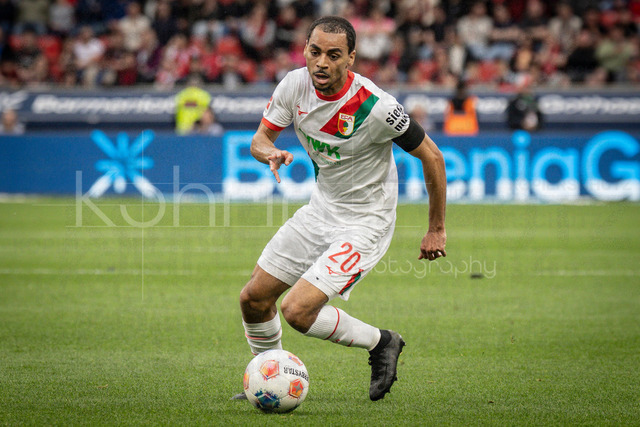 German Bundesliga, Bayer 04 Leverkusen vs. FC Augsburg, 18.04.2026 | LEVERKUSEN, GERMANY - APRIL 18, 2026 :  Alexis Claude-Maurice (FC Augsburg, 20) during the German Bundesliga match on gameday 30 between Bayer 04 Leverkusen vs. FC Augsburg at BayArena on April 18, 2026 in Leverkusen, Germany. DFL REGULATIONS PROHIBIT ANY USE OF PHOTOGRAPHS AS IMAGE SEQUENCES AND/OR QUASI-VIDEO.