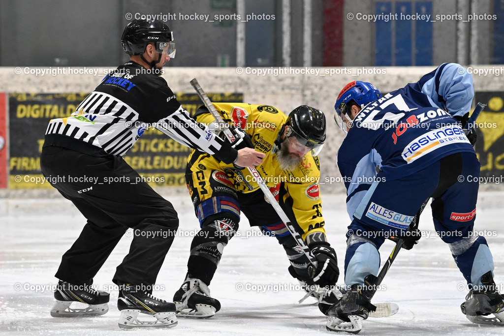 EC Hornets Spittal vs. ESC Steindorf 23.2.2024 | MIKE David Norbert Referee, #33 Kabas Michael EC Hornets Spittal, #57 Wilfan Franz ESC Steindorf, EC Hornets Spittal vs. ESC Steindorf 23.2.2024, EC Hornets Spittal vs. ESC Steindorf 23.2.2024 am 23.02.2024 in Spittal an der Drau (Eissportzentrum Spittal), Austria, (Photo by Bernd Stefan)