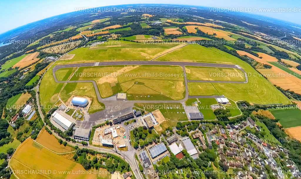 Essen230790086_Flughafen | Luftbild, Flughafen Essen/Mülheim, Startbahn und Landebahn, Zeppelinhalle, Erdkugel, Fisheye Aufnahme, Fischaugen Aufnahme, 360 Grad Aufnahme, tiny world, Holthausen - Südost, Mülheim an der Ruhr, Ruhrgebiet, Nordrhein-Westfalen, Deutschland