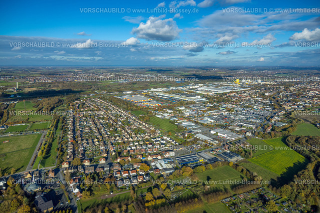 Hamm231101565 | Luftbild, Wohngebiet Arbeiter-Kolonie Herringen Isenbecker Hof, Fernsicht mit Himmel und Wolken, Gewerbegebiet Hafen, umgeben von herbstlichen Laubbäumen, Stadtbezirk Pelkum, Hamm, Ruhrgebiet, Nordrhein-Westfalen, Deutschland