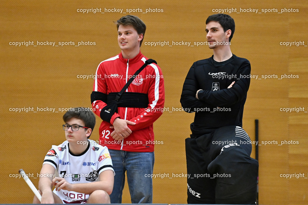 VSV Unihockey vs. KAC Floorball | #55 Maximilian Obereder KAC Floorball, #92 Maximilian Mörtl KAC Floorball, #7 Niklas Pucher KAC Floorball, VSV Unihockey vs. KAC Floorball, VSV Unihockey vs. KAC Floorball am 28.03.2026 in Villach (Ballspielhalle St. Martin), Austria, (Photo by Bernd Stefan)