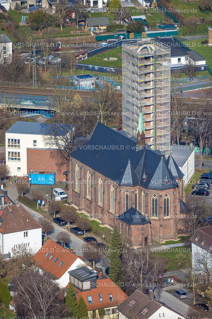 Unna230213139 | Luftbild, Herz Jesu Kirche mit Kirchturm Sanierung, Königsborn, Unna, Ruhrgebiet, Nordrhein-Westfalen, Deutschland