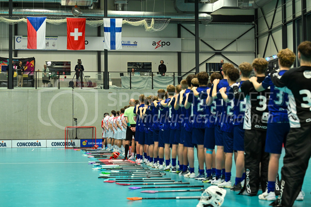 Switzerland U19 vs Finland U19 - 3. February 2024 | Switzerland U19 vs Finland U19
U19 Men International Matches in Switzerland
GoEasy Arena, Siggenthal Station
The teams during the national anthems.
Credit: Markus Aeschimann | <a href="https://www.markus-aeschimann.ch">Sportfotografie Markus Aeschimann</a> | <a href="https://www.instagram.com/sportfotografie.aeschimann">@sportfotografie.aeschimann</a> - Realisiert mit Pictrs.com