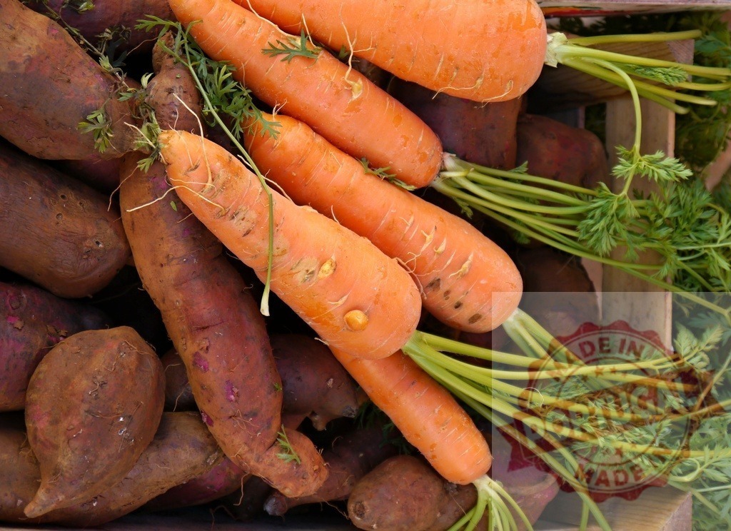 Fresh organic carrots and sweet potatoes in wooden crate | Freshly harvested organic carrots and sweet potatoes filling a rustic wooden crate, promoting healthy food - Realisiert mit Pictrs.com