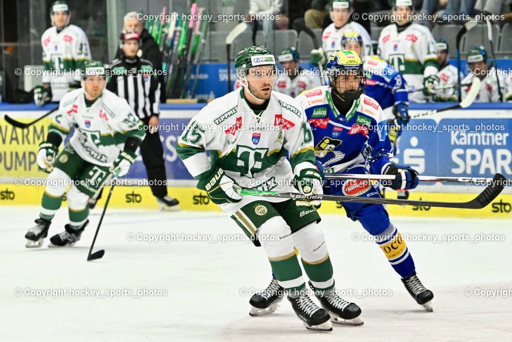 EC IDM Wärmepumpen VSV vs. FTC-TELEKOM JÉGKORONG | #15 Maxim Trépanier FTC-Telekom, #46 Paul Sintschnig EC VSV, EC IDM Wärmepumpen VSV vs. FTC-TELEKOM JÉGKORONG, EC IDM Wärmepumpen VSV vs. FTC-TELEKOM JÉGKORONG am 19.10.2025 in Villach (Stadthalle Villach), Austria, (Photo by Bernd Stefan)