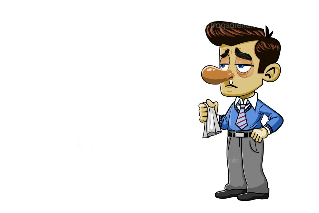 Lustige Karikatur Illustration von einem Mann mit Schnupfen | Einem Mann mit einer großen Nase läuft die Nase. Er ist erkältet. Die Augen sind müde, er wirkt traurig mit Augenringen. Lustige Charakter Illustration von einer Männer Grippe.