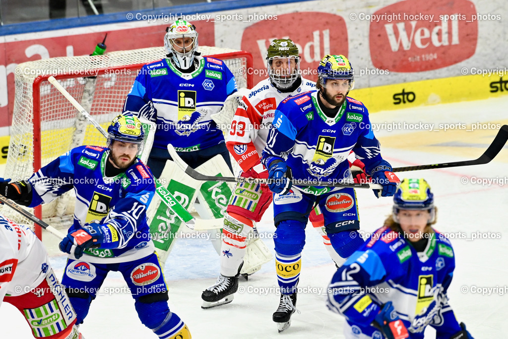 EC IDM WÄRMEPUMPEN VSV vs. HC Bozen | #10 VALLANT Thomas EC VSV, #12 Pearson Chase EC VSV, #96 HOLWAY Patrick EC VSV, #93 Frigo Luca Dean HC Bozen, #1 LAMOUREUX Jean Philippe EC VSV, EC IDM WÄRMEPUMPEN VSV vs. HC Bozen, EC IDM WÄRMEPUMPEN VSV vs. HC Bozen am 14.03.2025 in Villach (Stadthalle Villach), Austria, (Photo by Bernd Stefan)