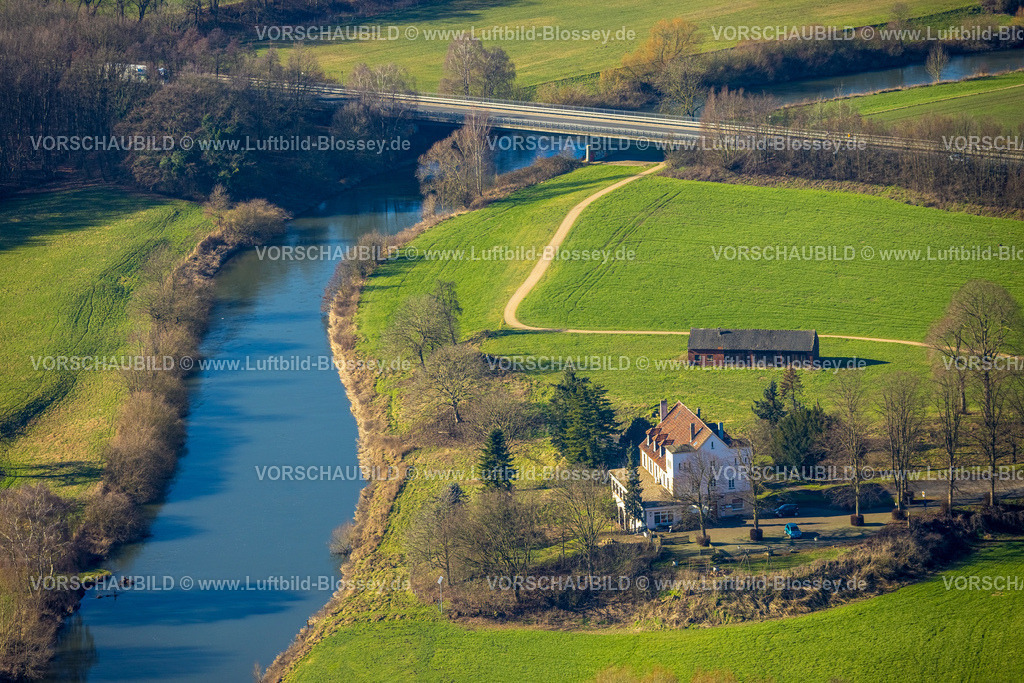 Olfen230206767Lippe | Luftbild, Hotel Restaurant Zur Rauschenburg, Fluss Lippe, Olfen-Kirchspiel, Olfen, Münsterland, Nordrhein-Westfalen, Deutschland