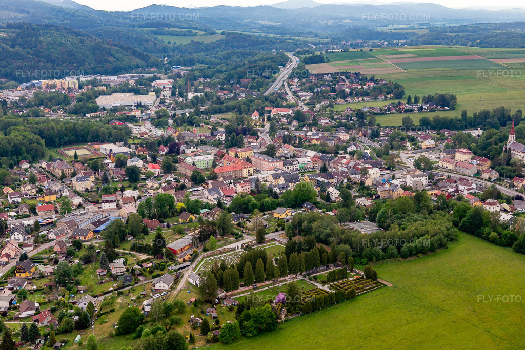 Aerial view: Kratzau in Chrastava in the state Liberec, Czech Republic. – Photo: IMG_141740.jpg taken on 05/23/2024 by Werner Riehm/FLY-FOTO.com – Resolution of the original: 5472 x 3648 px