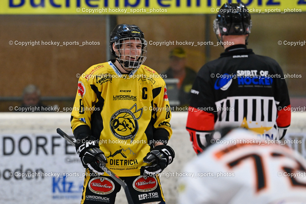 EC Hornets Spittal vs. USC Piraten Velden 18.2.2024 | #8 Komar Luca EC Hornets Spittal, EC Hornets Spittal vs. USC Piraten Velden 18.2.2024, EC Hornets Spittal vs. USC Piraten Velden 18.2.2024 am 18.02.2024 in Spittal an der Drau (Eissportzentrum Spittal), Austria, (Photo by Bernd Stefan)