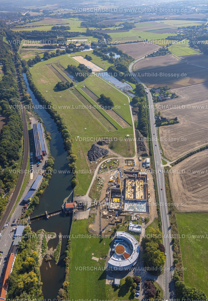 Froendenberg220901041 | Luftbild, Baustelle und Neubau am Wasserwerk Westfalen GmbH und Laufwasserkraftwerk Langschede am Fluss Ruhr, Halingen, Menden, Ruhrgebiet, Nordrhein-Westfalen, Deutschland